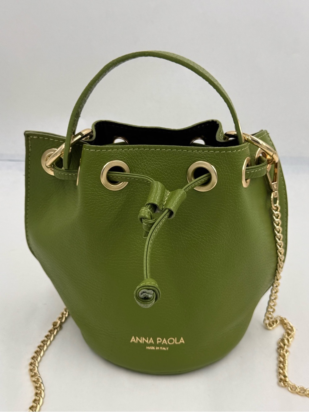 Anna Paola Gorgeous Green Leather Drawstring Bucket Bag, Made in Italy - Picture 3 of 16